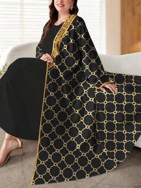 SHEIN Najma رمضان عباءة كاردجان طويلة كاجوال للنساء ذوات الأحجام الكبيرة مطبوعة بطبعة رجعية من أوراق البرسيم والزهور، أكمام طويلة، مناسبة للربيع والخريف