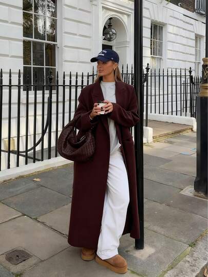 معطف نسائي طويل من خليط الصوف الناعم بلون بني محمر، له طوق مفصل مع جيوب، تفاصيل أزرار مميزة، قياس عادي غير مطاطي، مناسب للخريف/الشتاء، مناسب للمكتب والأعياد كعيد الميلاد ورأس السنة والمناسبات الأخرى