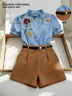 SHEIN Franclia ملابس علوية مطرزة أنيقة بأكمام قصيرة وشورت ذو ساق واسعة مزين بحزام بني 2 قطعة، متعددة الاستخدامات للارتداء اليومي والتنقل، للنساء في الربيع والصيف