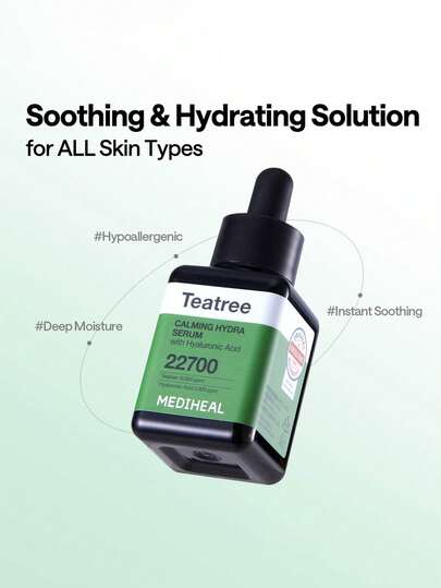 Mediheal سيروم هيدرا المهدئ بشجرة الشاي 40مل، صيغة خفيفة غير لزجة، مستخلص شجرة الشاي بتركيز 19,900 جزء في المليون للتهدئة الفورية، حمض الهيالورونيك بتركيز 2,800 جزء في المليون للترطيب العميق، مناسب للبشرة الحساسة والدهنية.