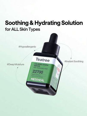 Mediheal سيروم هيدرا المهدئ بشجرة الشاي 40مل، صيغة خفيفة غير لزجة، مستخلص شجرة الشاي بتركيز 19,900 جزء في المليون للتهدئة الفورية، حمض الهيالورونيك بتركيز 2,800 جزء في المليون للترطيب العميق، مناسب للبشرة الحساسة والدهنية.