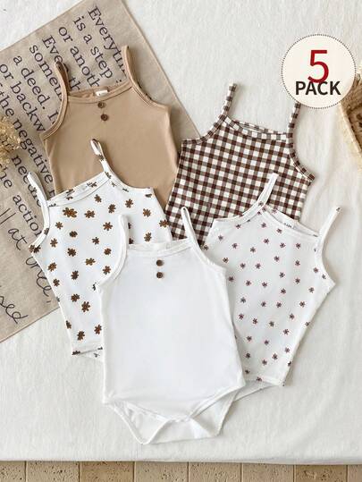 SHEIN 5 قطع/مجموعة رومبر صيفي للبنات الرضع بنقشات زهرية وشطرنجية مصنوع من الأقمشة المحبوكة بدون أكمام
