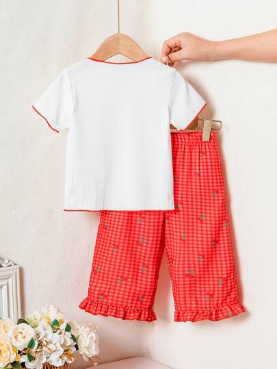 SHEIN Playful Pals مجموعة قميص كم قصير مطرز بالكرز وبنطلون مربع للبنات الصغار/حديثي الولادة 0-3 سنوات، للربيع/الصيف، قطعتان