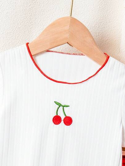 SHEIN Playful Pals مجموعة قميص كم قصير مطرز بالكرز وبنطلون مربع للبنات الصغار/حديثي الولادة 0-3 سنوات، للربيع/الصيف، قطعتان