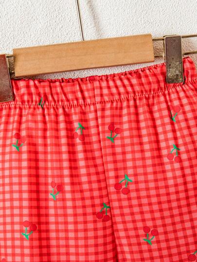 SHEIN Playful Pals مجموعة قميص كم قصير مطرز بالكرز وبنطلون مربع للبنات الصغار/حديثي الولادة 0-3 سنوات، للربيع/الصيف، قطعتان