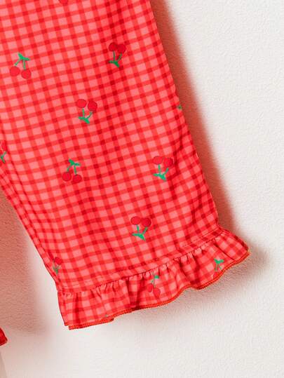 SHEIN Playful Pals مجموعة قميص كم قصير مطرز بالكرز وبنطلون مربع للبنات الصغار/حديثي الولادة 0-3 سنوات، للربيع/الصيف، قطعتان