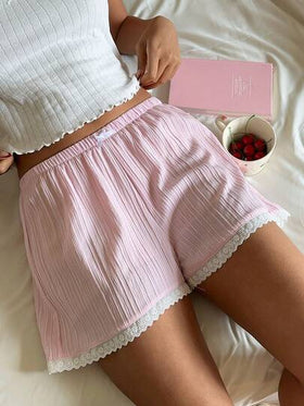 CovetEZ شورت كاجوال للنساء بخصر مطاطي وتصميم من الدانتيل والفيونكة