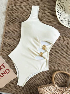 Swim Vcay بدلة سباحة قطعة واحدة للنساء، أنيقة للعطلات، ذات أربطة على الكتف وخصر مزين بمعدن مفرغ
