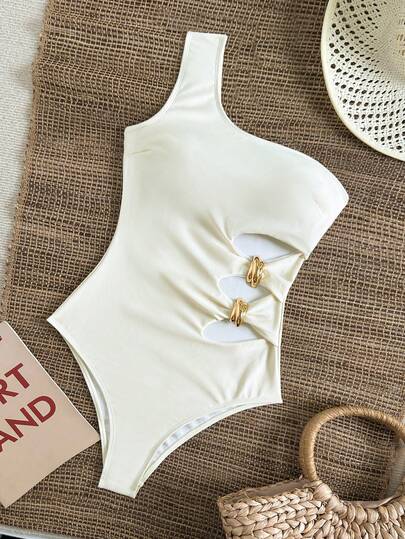 Swim Vcay بدلة سباحة قطعة واحدة للنساء، أنيقة للعطلات، ذات أربطة على الكتف وخصر مزين بمعدن مفرغ