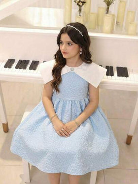 SHEIN فستان أنيق كاجوال للفتيات المراهقات، طراز جاكارد بألوان متباينة، ياقة دمية كبيرة مزينة بالراين ستون، ربطة خصر، بدون أكمام، مناسب لحفلات الزفاف والعطلات والأعياد، باللون الأزرق، موسم الزفاف، حفلة عيد الميلاد، عيد الحب، مطابق لملابس الأخت