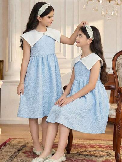 SHEIN فستان أنيق كاجوال للفتيات المراهقات، طراز جاكارد بألوان متباينة، ياقة دمية كبيرة مزينة بالراين ستون، ربطة خصر، بدون أكمام، مناسب لحفلات الزفاف والعطلات والأعياد، باللون الأزرق، موسم الزفاف، حفلة عيد الميلاد، عيد الحب، مطابق لملابس الأخت