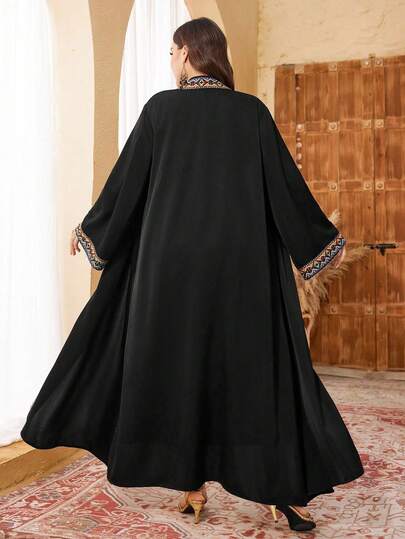 Al Najma رمضان عباءة أبايا فضفاضة طويلة الأكمام سوداء مزينة بالشريط والشراريب للمرأة البدينة