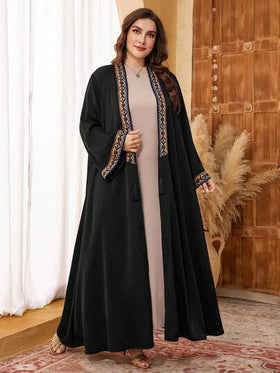 Al Najma رمضان عباءة أبايا فضفاضة طويلة الأكمام سوداء مزينة بالشريط والشراريب للمرأة البدينة