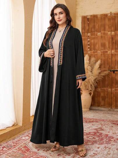 Al Najma رمضان عباءة أبايا فضفاضة طويلة الأكمام سوداء مزينة بالشريط والشراريب للمرأة البدينة