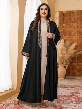 Al Najma رمضان عباءة أبايا فضفاضة طويلة الأكمام سوداء مزينة بالشريط والشراريب للمرأة البدينة