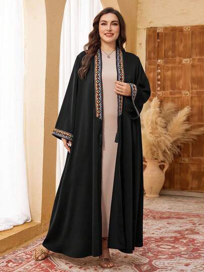 Al Najma رمضان عباءة أبايا فضفاضة طويلة الأكمام سوداء مزينة بالشريط والشراريب للمرأة البدينة