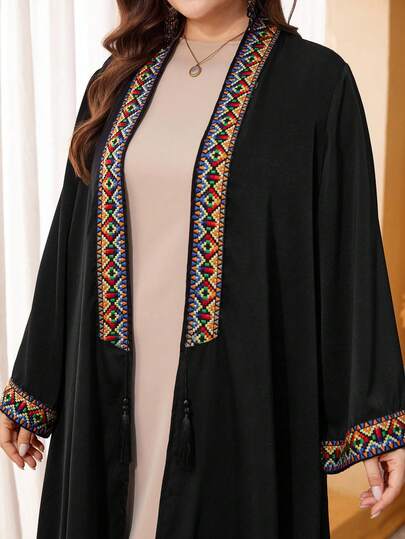 Al Najma رمضان عباءة أبايا فضفاضة طويلة الأكمام سوداء مزينة بالشريط والشراريب للمرأة البدينة