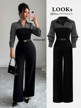 Rafferiza Petite جمبسوت نسائية جديدة للربيع/الخريف بطراز المواصلات، بتصميم أسود وأبيض مخطط بأكمام طويلة، مصنوعة من قماش جاف، مقترنة بأكمام ملابس علوية مخططة، وأعلى بنمط البوستر مع تصميم ساق واسعة، عملية وأنيقة للمواصلات اليومية والارتداء في المكتب الخفيف.