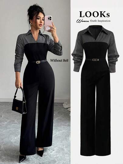 Rafferiza Petite جمبسوت نسائية جديدة للربيع/الخريف بطراز المواصلات، بتصميم أسود وأبيض مخطط بأكمام طويلة، مصنوعة من قماش جاف، مقترنة بأكمام ملابس علوية مخططة، وأعلى بنمط البوستر مع تصميم ساق واسعة، عملية وأنيقة للمواصلات اليومية والارتداء في المكتب الخفيف.