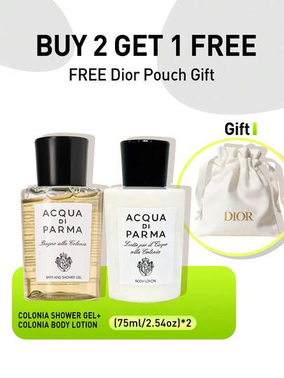Acqua di Parma مجموعة بارميسيما ميني: جل استحمام + غسول الجسم (75مل) مع حقيبة مكياج ديور - مجموعة سفر، رعاية الجسم المغذية والمرطبة المعطرة