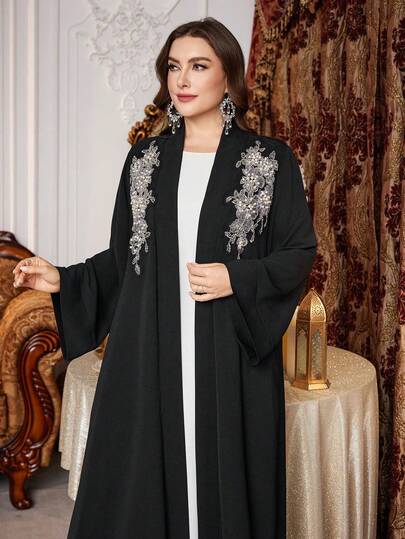 Al Najma رمضان عباءة عربية بسيطة مرصعة بالراين مريحة للمرأة كبيرة الحجم