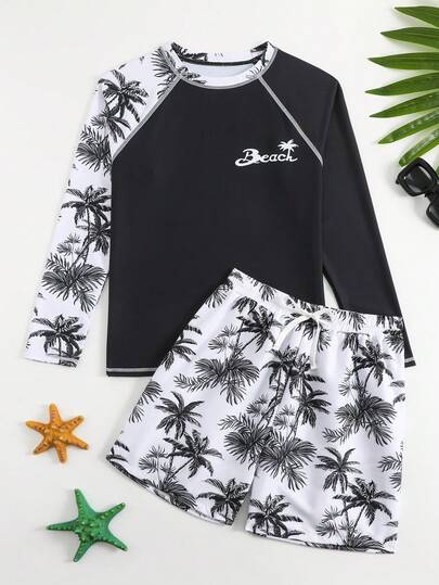 SHEIN طقم بلوزة واقية من الطفح الجلدي للمراهقين (الأولاد)، بلوزة سباحة بأكمام طويلة ذات طباعة جرافيكية موضة