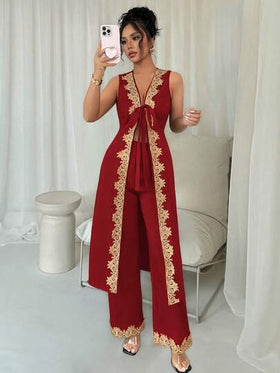 Rafferiza مجموعة قطعتين للنساء، توب كروب أكمام بلا أكمام مزين بزخارف ذهبية وبنطلون واسع الساق، بدلة صيفية كاجوال أحمر، بدلة بنطلون أنيقة للنساء، مجموعة قطعتين للنساء مطرزة باللون الأحمر