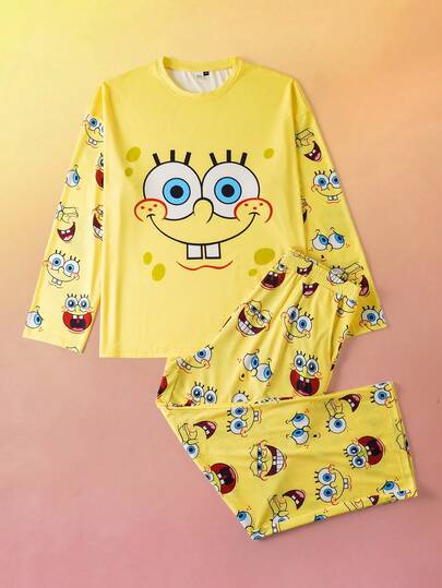 SpongeBob SquarePants | SHEIN بدلة بيجاما رجالية كبيرة الحجم بنمط كرتوني، تشمل تي شيرت بياقة طاقم وأكمام طويلة وبنطال، مريحة للارتداء في فصل الخريف