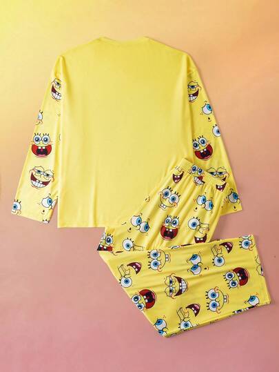 SpongeBob SquarePants | SHEIN بدلة بيجاما رجالية كبيرة الحجم بنمط كرتوني، تشمل تي شيرت بياقة طاقم وأكمام طويلة وبنطال، مريحة للارتداء في فصل الخريف