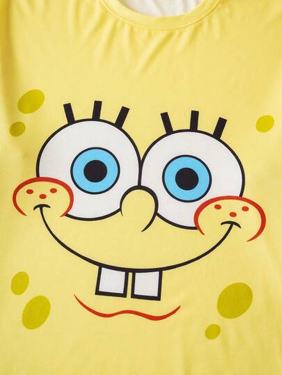 SpongeBob SquarePants | SHEIN بدلة بيجاما رجالية كبيرة الحجم بنمط كرتوني، تشمل تي شيرت بياقة طاقم وأكمام طويلة وبنطال، مريحة للارتداء في فصل الخريف