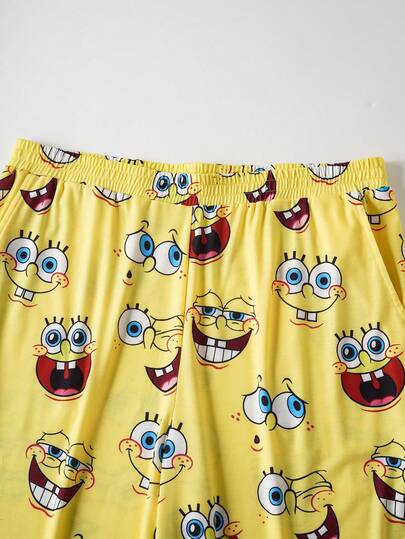 SpongeBob SquarePants | SHEIN بدلة بيجاما رجالية كبيرة الحجم بنمط كرتوني، تشمل تي شيرت بياقة طاقم وأكمام طويلة وبنطال، مريحة للارتداء في فصل الخريف