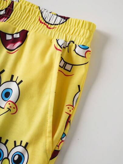 SpongeBob SquarePants | SHEIN بدلة بيجاما رجالية كبيرة الحجم بنمط كرتوني، تشمل تي شيرت بياقة طاقم وأكمام طويلة وبنطال، مريحة للارتداء في فصل الخريف