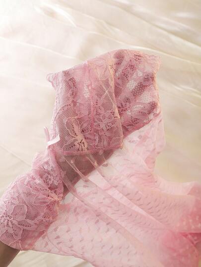 DelicateAllure ثوب نوم شبكي رومانسي، تنورة شبكية قصيرة على شكل قلب، ملابس داخلية شفافة مثيرة، ملابس نوم للنساء في عيد الحب