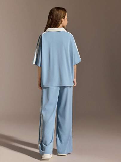 SHEIN مجموعة بنطلون وتي شيرت كاجوال رياضي للفتيات المراهقات، تي شيرت بياقة V وطباعة حرفية كبيرة الحجم
