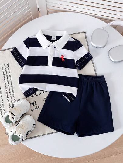 SHEIN Playful Pals طقم بولو مخطط مصنوع من الأكريليك وشورت للأطفال الرضع من عمر 0-3 سنوات، طراز كوري كاجوال مناسب للحفلات والمناسبات الرسمية والاستخدام اليومي، مقاس من 3 أشهر إلى 24 شهر