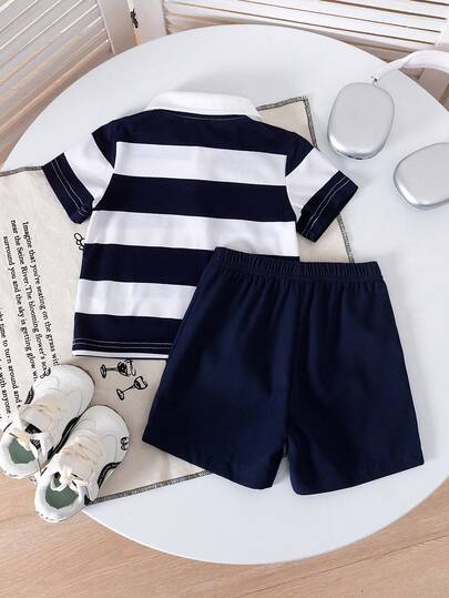 SHEIN Playful Pals طقم بولو مخطط مصنوع من الأكريليك وشورت للأطفال الرضع من عمر 0-3 سنوات، طراز كوري كاجوال مناسب للحفلات والمناسبات الرسمية والاستخدام اليومي، مقاس من 3 أشهر إلى 24 شهر