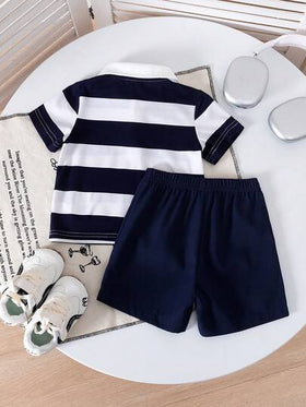 SHEIN Playful Pals طقم بولو مخطط مصنوع من الأكريليك وشورت للأطفال الرضع من عمر 0-3 سنوات، طراز كوري كاجوال مناسب للحفلات والمناسبات الرسمية والاستخدام اليومي، مقاس من 3 أشهر إلى 24 شهر