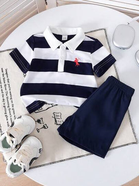 SHEIN Playful Pals طقم بولو مخطط مصنوع من الأكريليك وشورت للأطفال الرضع من عمر 0-3 سنوات، طراز كوري كاجوال مناسب للحفلات والمناسبات الرسمية والاستخدام اليومي، مقاس من 3 أشهر إلى 24 شهر