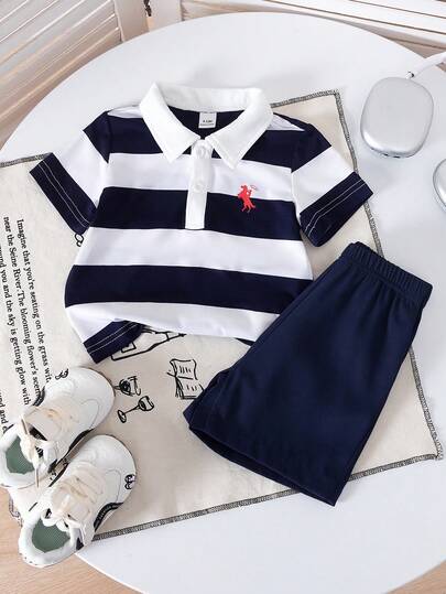 SHEIN Playful Pals طقم بولو مخطط مصنوع من الأكريليك وشورت للأطفال الرضع من عمر 0-3 سنوات، طراز كوري كاجوال مناسب للحفلات والمناسبات الرسمية والاستخدام اليومي، مقاس من 3 أشهر إلى 24 شهر