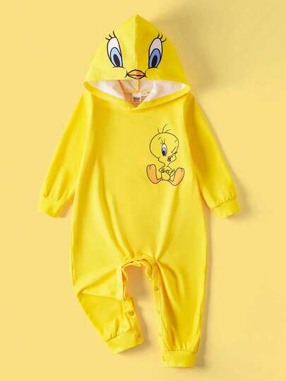 LOONEY TUNES X SHEIN جمبسوت طفل ذات كم طويل مطبوعة برسوم كرتونية مع كابوت