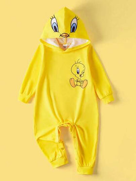 LOONEY TUNES X SHEIN جمبسوت طفل ذات كم طويل مطبوعة برسوم كرتونية مع كابوت