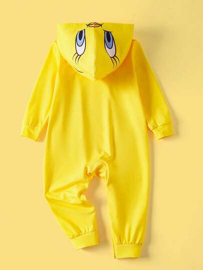 LOONEY TUNES X SHEIN جمبسوت طفل ذات كم طويل مطبوعة برسوم كرتونية مع كابوت