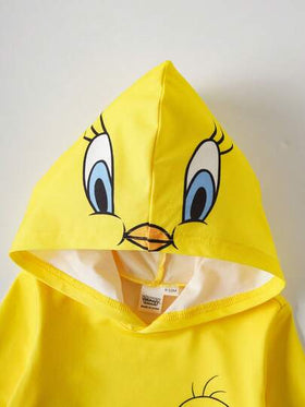 LOONEY TUNES X SHEIN جمبسوت طفل ذات كم طويل مطبوعة برسوم كرتونية مع كابوت