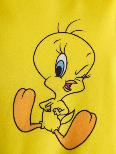 LOONEY TUNES X SHEIN جمبسوت طفل ذات كم طويل مطبوعة برسوم كرتونية مع كابوت