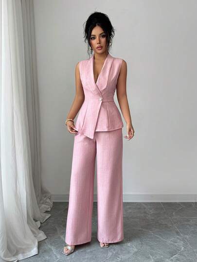 Elenzga طقم ملابس علوية بدون أكمام وردية مع بنطلون واسع الساق مطوي قطعتين للنساء