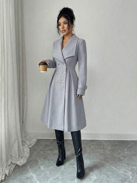 SHEIN Elenzya معطف نسائي مزدوج الصدر بياقة مرتفعة مصنوع من خليط الصوف، أنيق للاستخدام اليومي والشارع والعمل والمواعيد الرومانسية وحفلات عيد الميلاد، لون بوردو، مناسب للخريف والشتاء