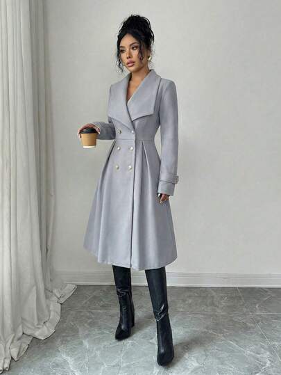 SHEIN Elenzya معطف نسائي مزدوج الصدر بياقة مرتفعة مصنوع من خليط الصوف، أنيق للاستخدام اليومي والشارع والعمل والمواعيد الرومانسية وحفلات عيد الميلاد، لون بوردو، مناسب للخريف والشتاء