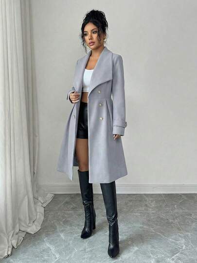 SHEIN Elenzya معطف نسائي مزدوج الصدر بياقة مرتفعة مصنوع من خليط الصوف، أنيق للاستخدام اليومي والشارع والعمل والمواعيد الرومانسية وحفلات عيد الميلاد، لون بوردو، مناسب للخريف والشتاء