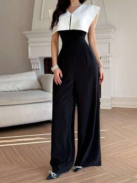 DAZY جمبسوت نسائية أنيقة وكاجوال بخصر عالي وبدون أكمام، مع تصميم ألوان متباينة لتنحيف الجسم