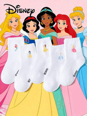 Disney 5/1 زوج جوارب بيضاء مزينة بنقشات الأميرة الكرتونية الجميلة للبنات/الأطفال، جوارب رياضية قابلة للتنفس، جوارب كاجوال ناعمة للكاحل، مناسبة للفصل الدراسي، بداية العام الدراسي الجديد، الطلاب، الاستخدام المنزلي، حفلات عيد الميلاد، الربيع/الصيف
